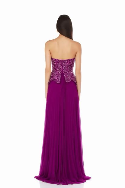 Fuşya Payetli Peplum Detaylı Abiye Elbise